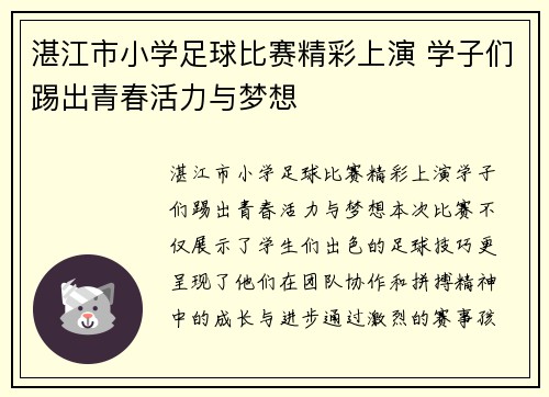 湛江市小学足球比赛精彩上演 学子们踢出青春活力与梦想