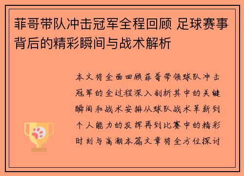菲哥带队冲击冠军全程回顾 足球赛事背后的精彩瞬间与战术解析