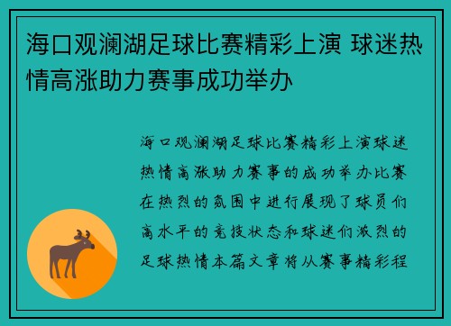 海口观澜湖足球比赛精彩上演 球迷热情高涨助力赛事成功举办