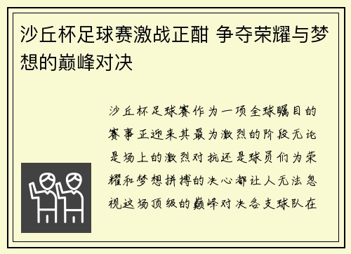 沙丘杯足球赛激战正酣 争夺荣耀与梦想的巅峰对决