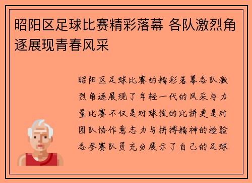 昭阳区足球比赛精彩落幕 各队激烈角逐展现青春风采