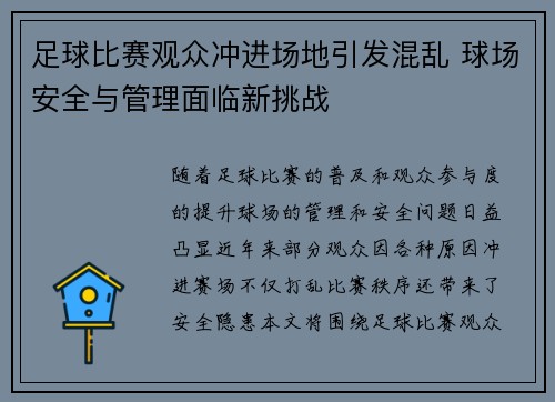 足球比赛观众冲进场地引发混乱 球场安全与管理面临新挑战