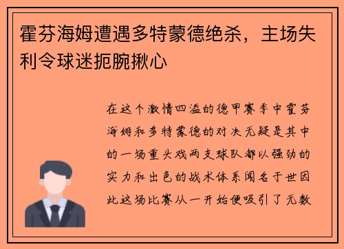 霍芬海姆遭遇多特蒙德绝杀，主场失利令球迷扼腕揪心