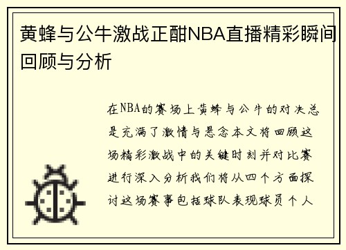黄蜂与公牛激战正酣NBA直播精彩瞬间回顾与分析