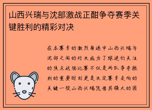 山西兴瑞与沈部激战正酣争夺赛季关键胜利的精彩对决