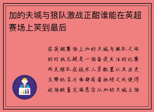加的夫城与狼队激战正酣谁能在英超赛场上笑到最后