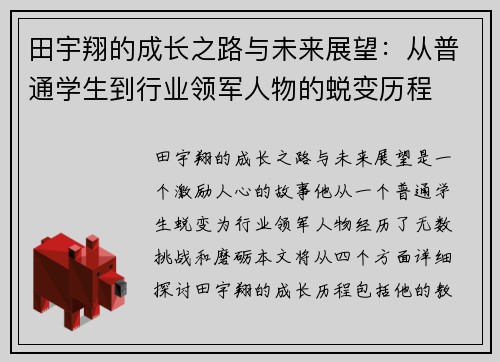 田宇翔的成长之路与未来展望：从普通学生到行业领军人物的蜕变历程