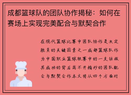 成都篮球队的团队协作揭秘：如何在赛场上实现完美配合与默契合作