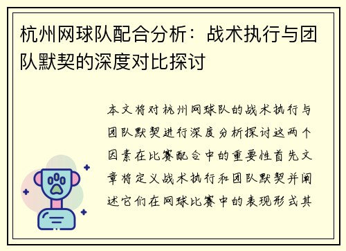 杭州网球队配合分析：战术执行与团队默契的深度对比探讨