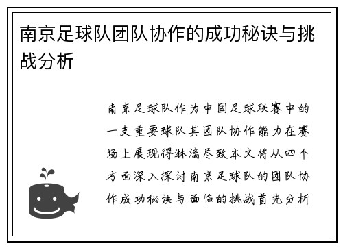 南京足球队团队协作的成功秘诀与挑战分析