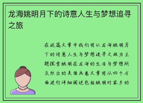 龙海姚明月下的诗意人生与梦想追寻之旅