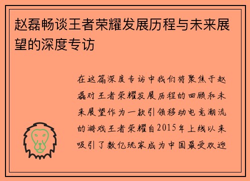 赵磊畅谈王者荣耀发展历程与未来展望的深度专访